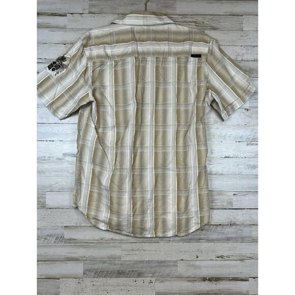 Ocean Current Mens Short Sleeve Large Surfing Plaid Button Up Tan - Picture 3 of 10
